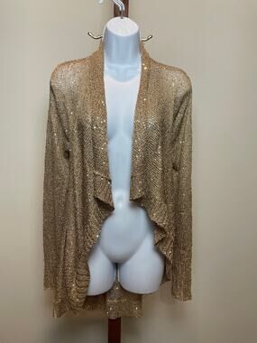 Boston Proper Open Knit Wrap Top Size M Tan Gold Sequin Detail